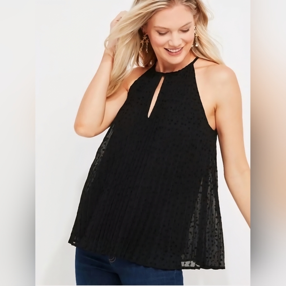 Vineyard Vines Pleated Black Tiny Stars Textured Flowy Halter Medium Sheer Layer